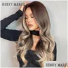 Syntetiska peruker Henry Margu Long Wavy Brown Highlight Blonde Natuarl Hår för kvinnor Cosplay Party Daily Heat Mistent Hair Drop Deliv Dhlrw