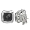 Stud Earrings 11mm Square Black CZ Bezel Setting Trendy 17mm White Gold Plated Jewelry For Women