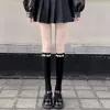 Mulheres meias pretas brancas longas meias lolita garotas pérolas joelho de alta cor sólida jk estilo japonês sox