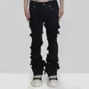 Herenjeans Mode Uitlopende Ripped Distressed Streetwear Zwarte Denim Broek Lange Linten Trend Man Casual