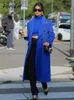 Miscele di lana femminile foridol a doppio petto blu trench da donna autunno trincea lunga gira giù per trench coat giuntura 2023 t230817