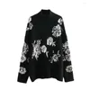 Women's Sweaters Designer Runway Sweater Women Winter Elegant Flowers Sequins Beaded Bat Sleeve Loose High Collar Warm Knitted