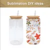 US CA Warehouse Stock 16oz Sublimation Glass Beer Dugs مع أغطية الخيزران وقش Tumblers DIY علب نقل الحرارة أكواب القهوة المثلجة Mason الجرار