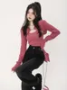 Женские свитеры Deeptown Y2K Корейский модный розовый укороченный свитер Женщины Harajuku сексуальные тонкие вязаные джемпер винтаж повседневный кардиганский набор 230817