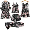 Women's Sleepwear 5 Pcs/Set Women Pajamas Set Soft Fabric Breathable Colorful Flower Print Sleeping Clothes Satin Nightwear