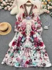 기본 캐주얼 드레스 패션 런웨이 화려한 꽃 치프 캐스케이딩 주름 장식 주름 장식 여자 깊은 V 목 긴 소매 꽃 인쇄 보호 로브 vestido 230818