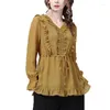 Women's Blouses Women Autumn Yellow Chiffon Blouse Long Sleeve V-neck Ruffles Tops Elegant Vintage Casual Office Ladies Shirts