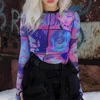Women S maglietta Donne Donne trasparenti Mesh Crop Tops Y2K Fairy Aesthetic Grunge Stampa di moda Summer Streetwear Thirts Casual Shirts BodyCon 230818