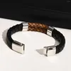 Pulseras de eslabones de cuero genuino redondo de doble capa para hombres, brazalete trenzado negro, joyería de moda, pulsera suave para niños y hombres