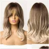 Synthetic Wigs Emmor Ombre Brown To Blonde Wig For Women Natural Long Wavy With Bangs Heat Resistant Fiber Daily Cosplay Hair Drop Del Dhg0S