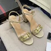 Sandalias Diseñador Para Mujer Tacones Altos Punta Redonda Tacón Grueso Títulos De Caballo Punta Abierta Cuero Lona Sandalias De Tacón Alto Zapatos De Noche De Fiesta 35-40