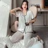 Women's Sleepwear Ruffle Lady Short Sleeve Pajamass Suit With Buttons Nightwear Satin Ice Silk 2PCS Shirt&Pants Thin Casual Loungewear