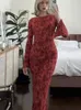 Grundläggande avslappnade klänningar Sexig rostryck maxi Dres Elegant O Neck Long Sleeve Bodycon Femal Fashion Evening Party High midje Vestidos 230817