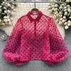 Women's Blouses French Style Vintage Gauze Shirt Summer Polo Collar Lantern Sleeve Design Loose and Slim