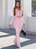 Pantalon de deux pièces pour femmes Absobe Pink Fur Crop Top Top Flare Set Femmes Long Manche Perle Perle Cardigan Pantalon de monture Mid Rise