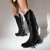 Mulheres borrassel cowboy ocidental joelho altos botas damas pontudas pontudas de calça de calça de salto intermediário