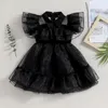 Cosplay -Kinder Mädchen Halloween Kostüm Mode einfache schwarze fliegende Ärmel drehen Kragen Mesh Prinzessin Kleid Casual Kids Clothes 230817