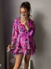 Basic Casual Dresses Women Fashion Printed Lace Up Bodycon Boho Mini Dresses Sexy Deep V Neck Long Sleeve Dresses Chic Casual Beach Ladies Vestidos 230818