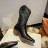 ブーツプラスサイズ43レディース刺繍入りミッドカルフカウボーイカウガールチャンキーヒールプラットフォーム女性靴230817