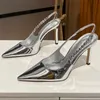 Scarpe eleganti con tacchi alti lucidi slingback donne argento pompe per sandali cristallini metallici appunti di punta di punta di scarpe tacco a tacco da festa Domanda 230817