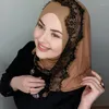 Etniska kläder 180 80 cm Elegant svart spets hijab bomullslinne halsduk muslimska slakar pannband islamisk huvudduk turban foulard voile