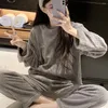 Kadın pijama pazen kalın uzun kollu Kore Kore 2023 Sıcak Kış 2 Parça Takım Pijama Seti Bayanlar Günlük Oda Ev Giyim