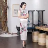 Etnik Giyim Seksi Kadın Saten Günlük Günlük Elbise Yaz uzun qipao baskı çiçek Çin Cheongsam Gelin Düğün Konuk Elbiseleri