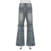Kvinnors jeans Autumn Women Fashion Zipper Fly Multi Pocket Asymmetric Wide Leg Trouser Jeans 2023 Chic Street Light Blue Straight Denim Pants J230818
