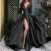 Prom Party Gown Evening Dresses A Line Floor-Length New Girl Pleat V-Neck Applique Beaded Custom Plus Size 3/4 Long Sleeve Satin Red Black Thigh-High Slits