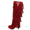 Boots Plus Size Flock Winter Fur Women High Heels Knee Fringe Tassels Fashion Black Brown