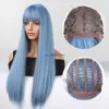 Perruques synthétiques Blue bleu gris long droit des cheveux synthétiques raides avec une frange pour les femmes blanches afro cosplay fête quotidienne à la chaleur résistant à la chaleur fibre hkd230818