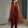 Vêtes pour femmes Silk Jacquard Red Cloud Yarn Style Chinois Gitre Organza Broderie Lace Splice Copper Buckle Sans manchette M-XXL