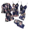 Women's Sleepwear 5 Pcs/Set Women Pajamas Set Soft Fabric Breathable Colorful Flower Print Sleeping Clothes Satin Nightwear