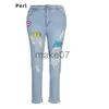 Jeans pour femmes Perl Plus Lettre de taille imprimée Jeans déchirés pour les femmes Pantalons de Demin de crayon élastique de taille moyenne