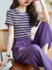 Women's Two Piece Pants 2 Sets Womens Outifits 2023 Summer Purple Contrast Striped Slacks O-neck Short Sleeve Korean Fashion Casual Pant