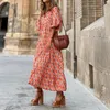 Basic Casual Dresses Women Dress Summer Puff Sleeve Boho V Neck Printing Long Dress Loose Holiday Beach Female Casual Floral Dresses Party Vestidos 230818