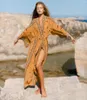 Kvinnors badkläder 2023 Beach Kimono Cover-up Plus Size Swimsuit Cover Up Front Open Belt Kaftan Robe Plaage Pareos Dress Tunic Wear