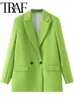 Womens Suits Blazers TRAF Woman Fashion Green Loose Suit Jacket OL Spring Vintage Solid Color Double Breasted Female Chic Long Coats 230817