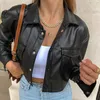 Femmes Vestes Femmes Crop Tops Veste En Cuir Couleur Unie NoirBlanc Bouton À Manches Longues Ouvert Devant Revers Manteau Avec Poches Streetwear 230818