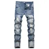 Men's Jeans Splicing Complex Retro Colored Monkey Dots with Hand Splashing Technology Patching Holes at the Foot Fashionable and Trendy Denim Pants