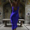 Robes décontractées Spaghetti Spaghetti Robe en satin sans manche Blue Lace Up Long Elegant BodyCon Party 2023