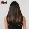 合成ウィッグスラックブラウン合成ウィッグ女性のための前髪の長いまっすぐなゴールデンハイライト天然ウィッグデイリーコスプレ髪の耐火HKD230818