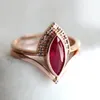 Cluster Rings Vintage Bohemian Rhombus 2 In 1 Red Crystal Rose Gold Color For Women Marquise Bridal Fine Wedding Jewelry Set