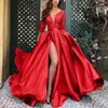 Prom Party Gown Evening Dresses A Line Floor-Length New Girl Pleat V-Neck Applique Beaded Custom Plus Size 3/4 Long Sleeve Satin Red Black Thigh-High Slits