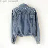 Damesjacks damesjacks 2021 Autumn Pearl Beading Crop Denim Women Casual Jeans Bomber Jacket Long Sleeve jas plus size uitklapen ED Z230818