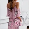 Podstawowe sukienki swobodne Sundress Women Off Shoder Flower Print Dress 2022 Boho Spaghetti Pasek Kwiatowy Kobieta Elegancka Linia Holiday P DH6SG