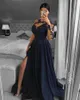 Partykleider elegant One Schulter Marine Blau Abend 2023 Satinspitzen Applikationen Perlen Dubai Arabisch formelle Promkleid Vestidos