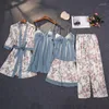 Vêtements de sommeil pour femmes foply 5 pièces pyjamas ensemble colorier de dentelle femme pijamas fausse pyjamas pyjamas imprimerie robe de chambre de sauvetage de robe d'été