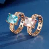 Pierścionki ślubne Aqua Blue Crystal Square Pierścień Elegancki różowy zaręczyny cyrkonż