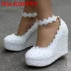 Dress Shoes White Wedges Wedding Pumps Sweet White Flower Lace Pearl Platform Pump Shoes Bride Dress Shoe High Heels 230817